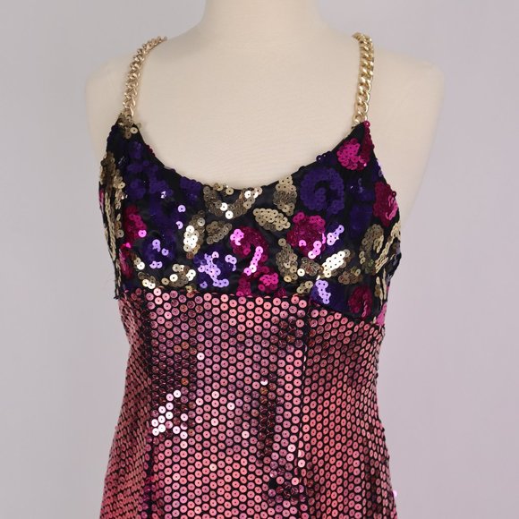 ❄ Vtg 80's Sequin Bodycon Dress Gold Chain Straps Party Cocktail Wedding Prom - Picture 2 of 6